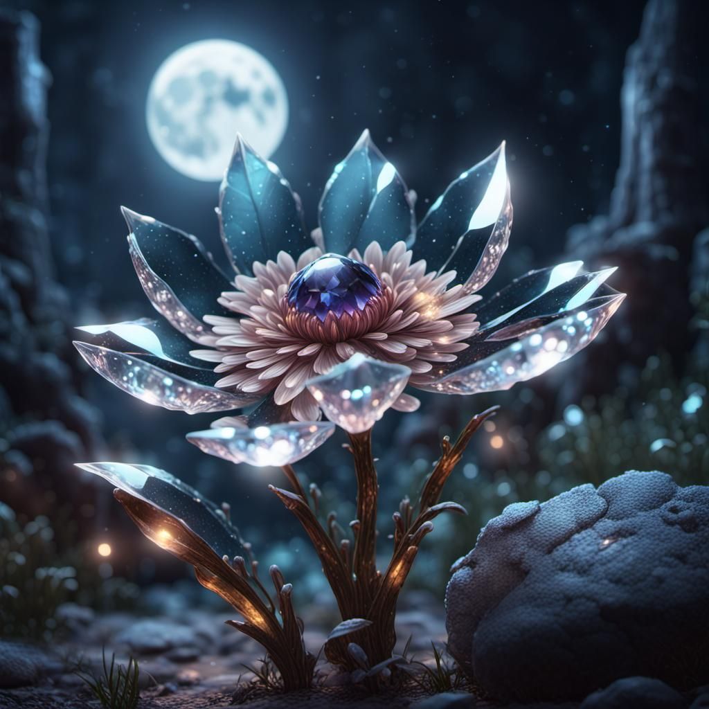 Shimmering Crystal Flower in Moonlight