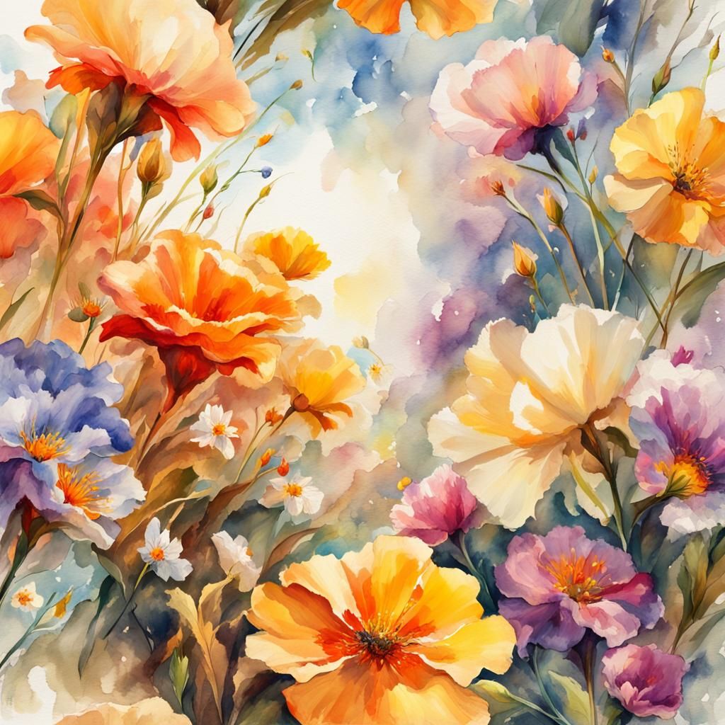 Beautiful Flowers in Sunlight, Watercolor Style