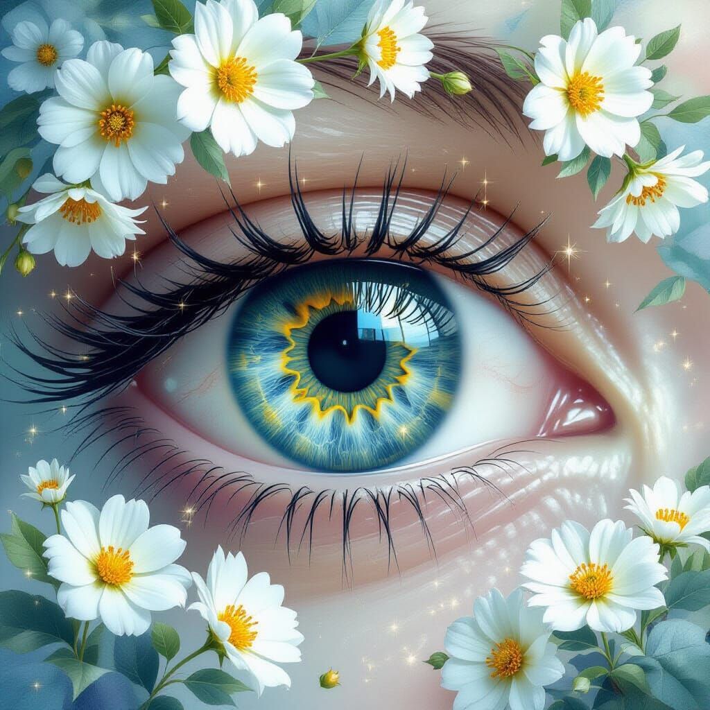 Eye Surrounded by Flowers in Ethereal Style