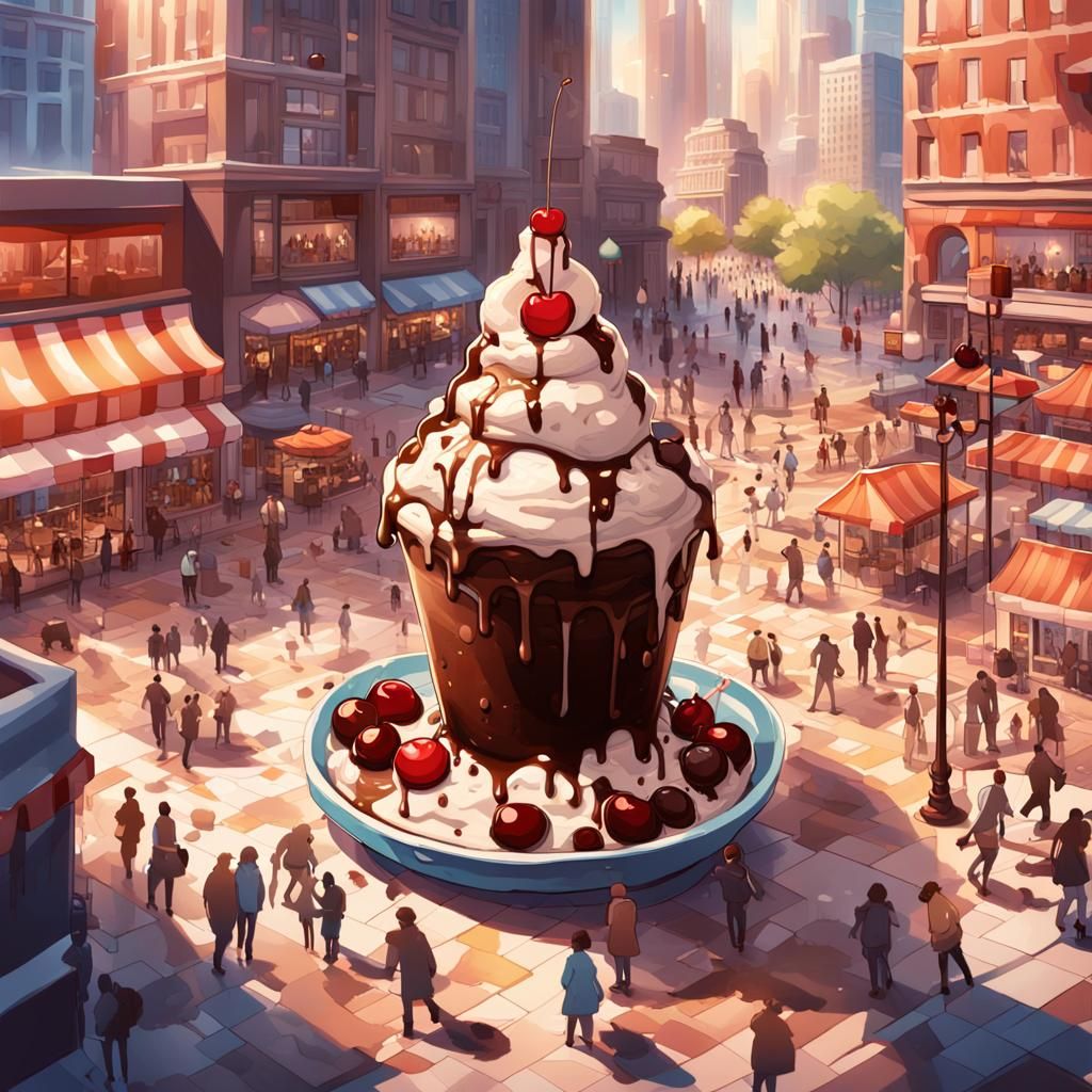 Colossal Ice Cream Sundae in Cityscape, Fantasy Illustration