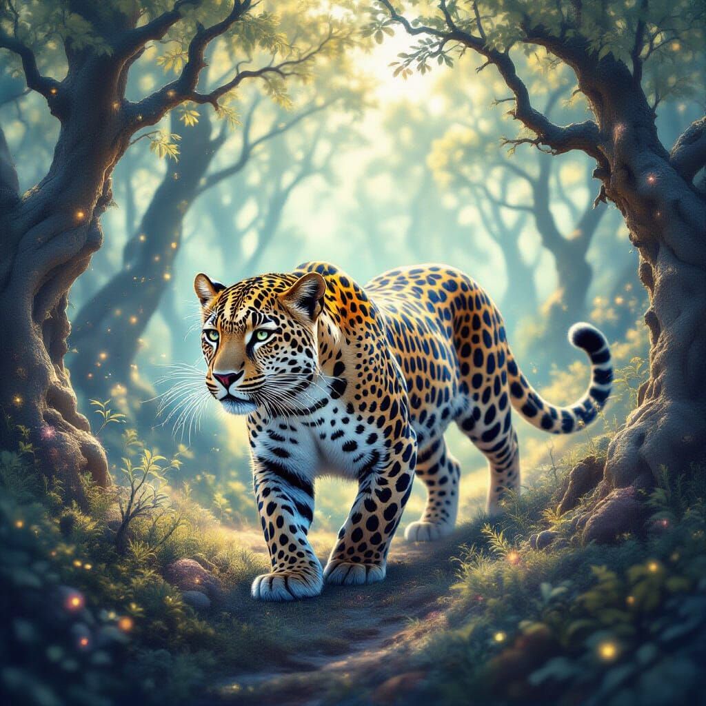 Nebula Leopard in Crystal Forest, Digital Painting
