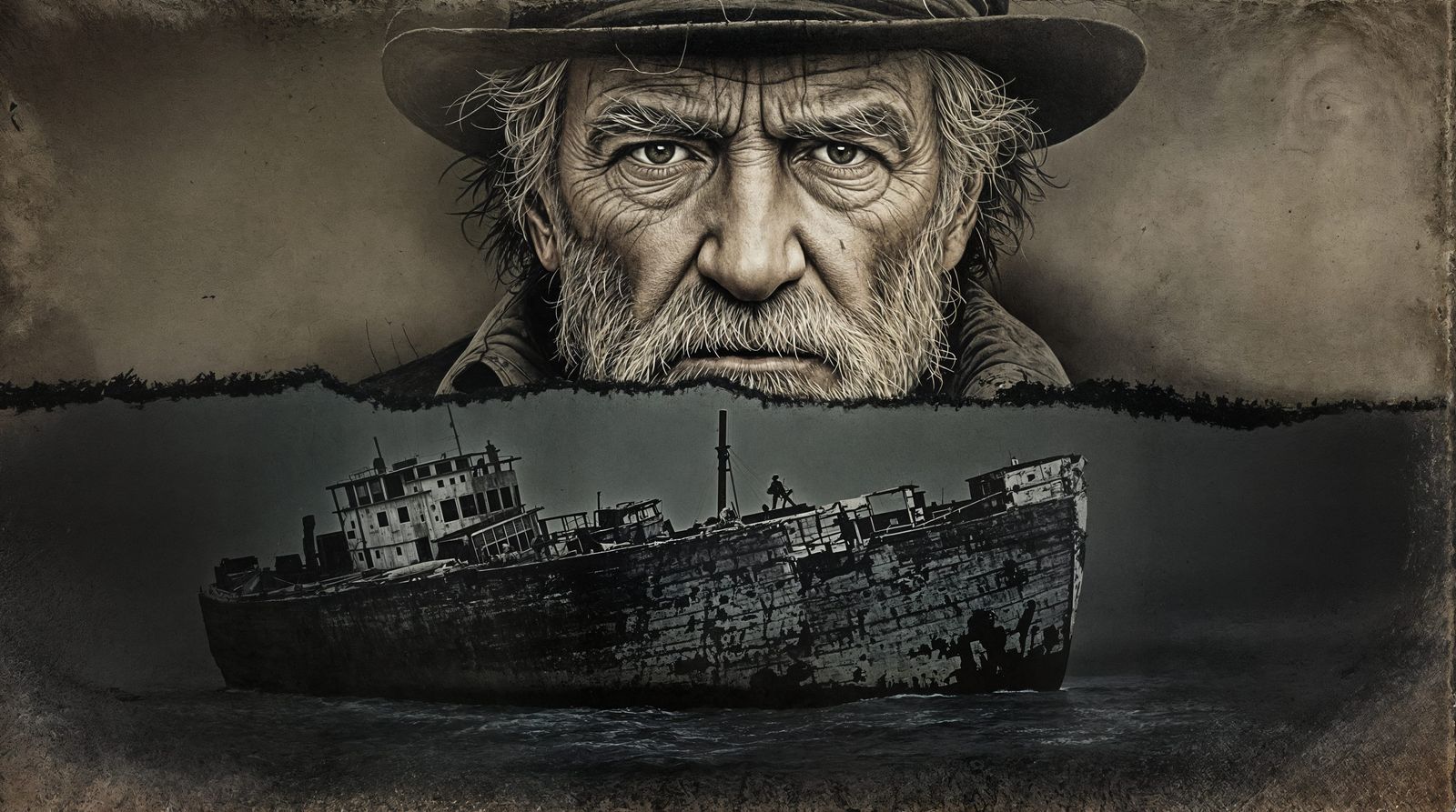 Moody Vintage Wreck and Fisherman Portrait