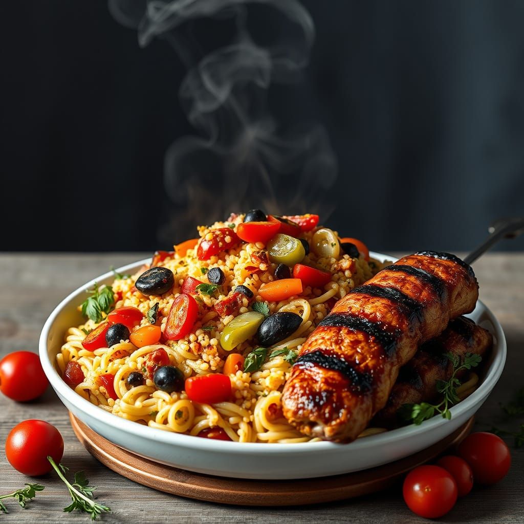 Steaming Orzo Pasta Dish with Colorful Vegetables and Grille...
