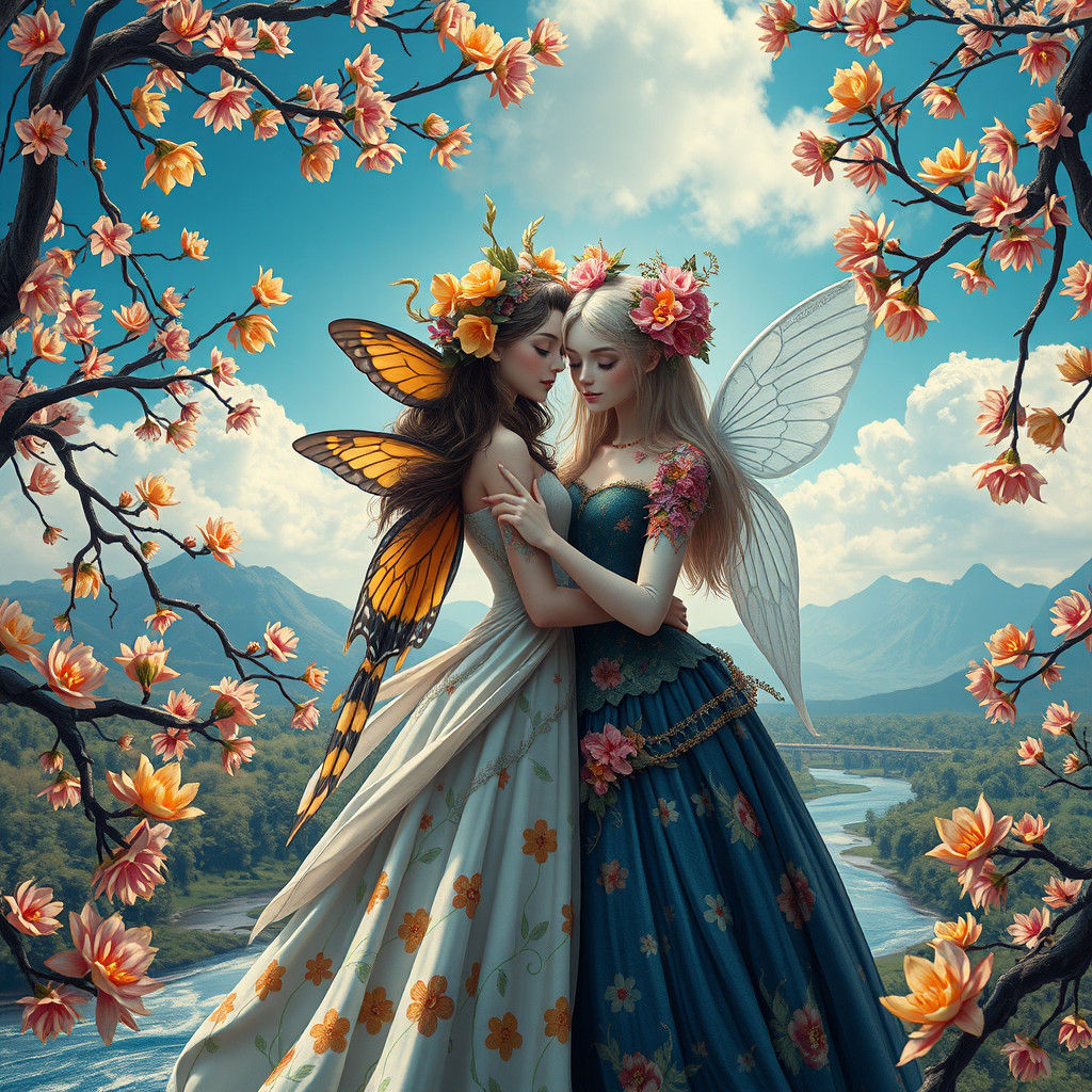 Seasonal Fairies Embrace in a Sunny Landscape