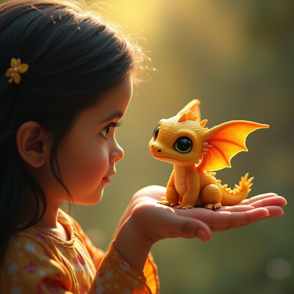 Tiny Golden Dragon in Girl's Hand