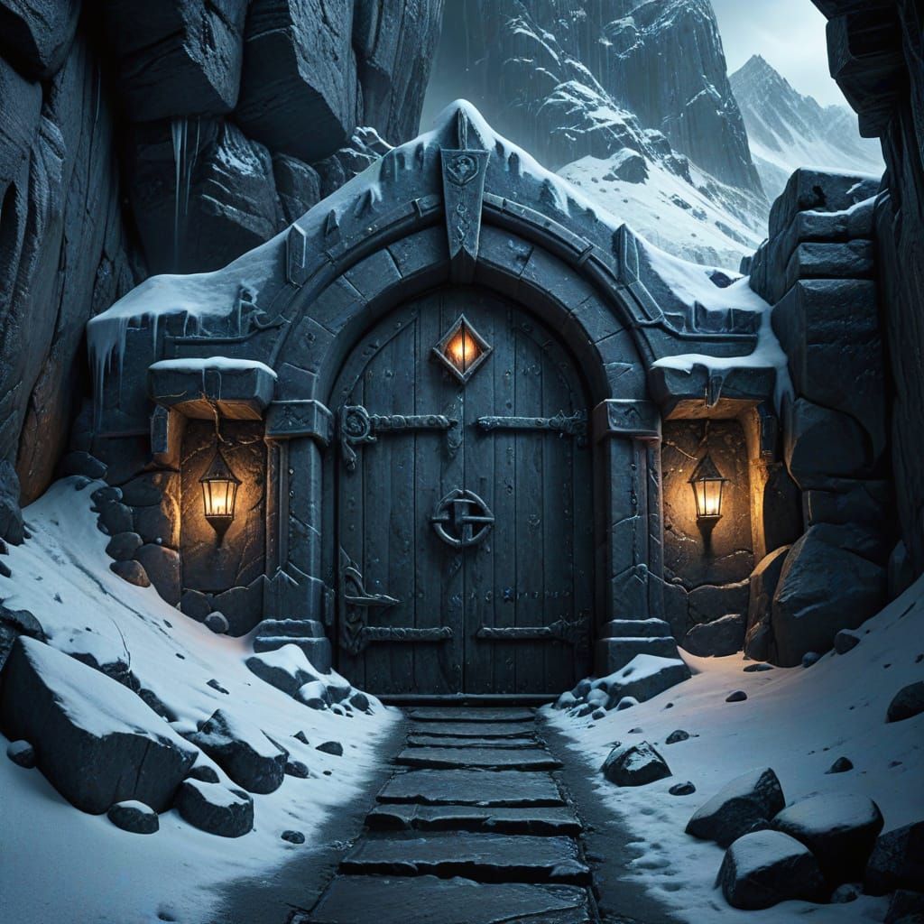 Dark Fantasy Dwarven Mine Entrance in Frozen Mountain