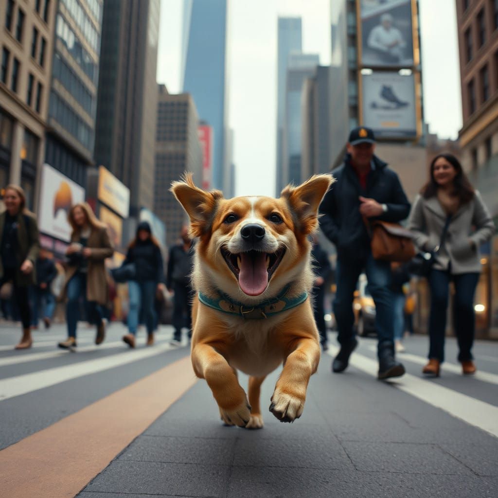 A Joyful Canine Runs Through City Streets Amidst Smiling Onl...