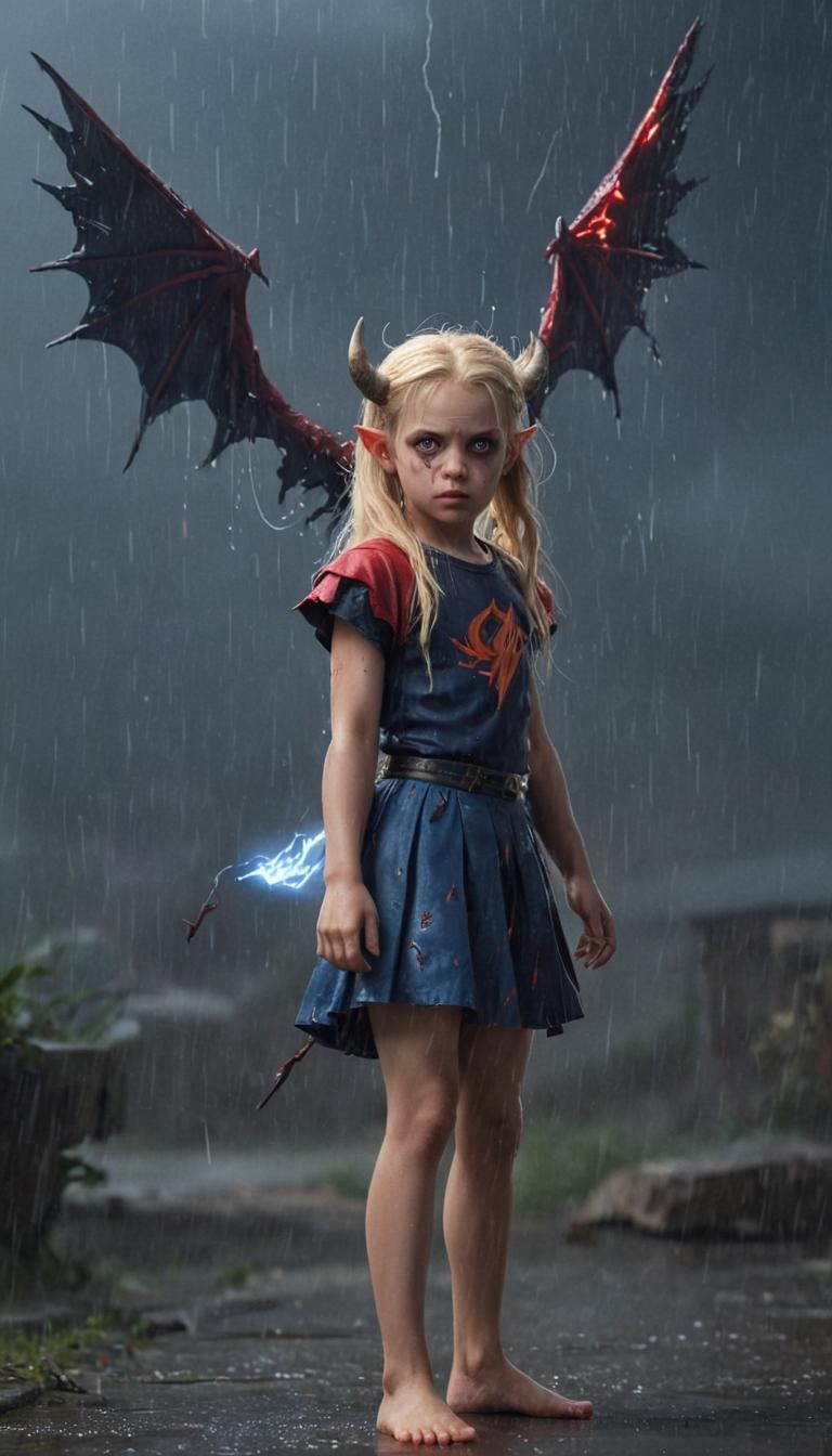 Horned Demon Child in Rainy Dark Fantasy Art