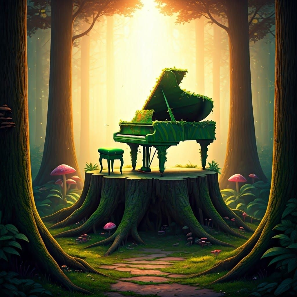 Magical Piano in Fantasy Forest, Pixar Style