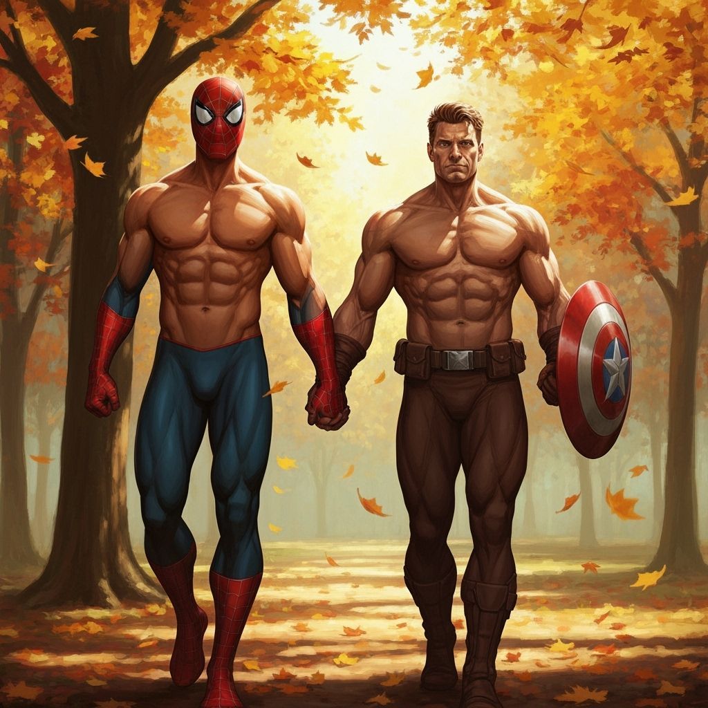 Spider-Man and Captain America Walk Hand-in-Hand in Autumn P...