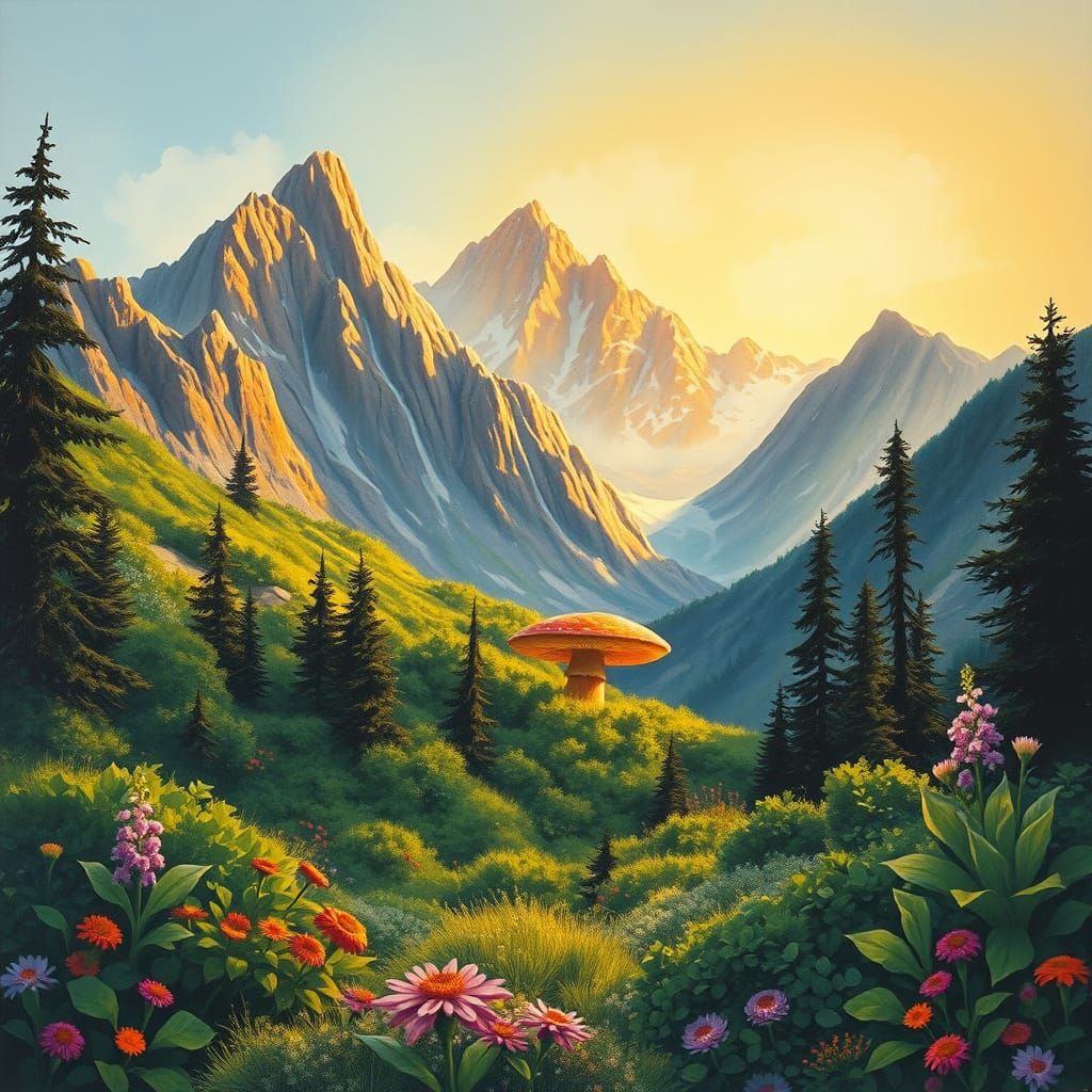 Majestic Mountains with Glowing Mushroom in Vibrant Gouache ...