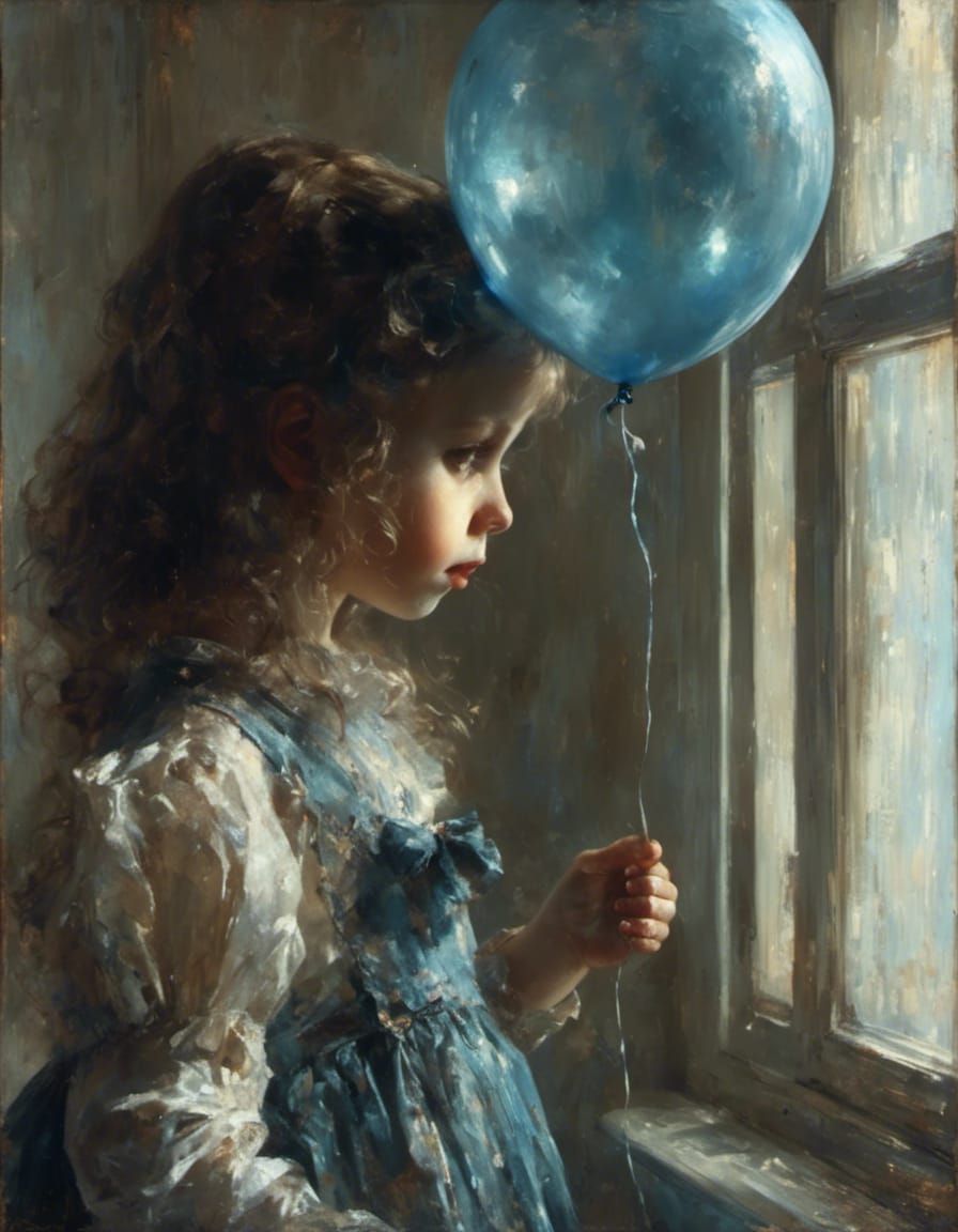 Girl with Blue Balloon in Expressionist Style