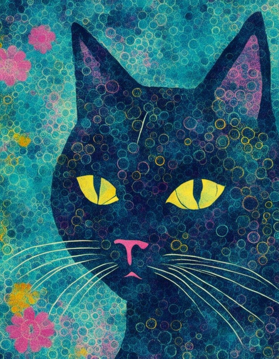 Blue cat. Flowers gelliprint.