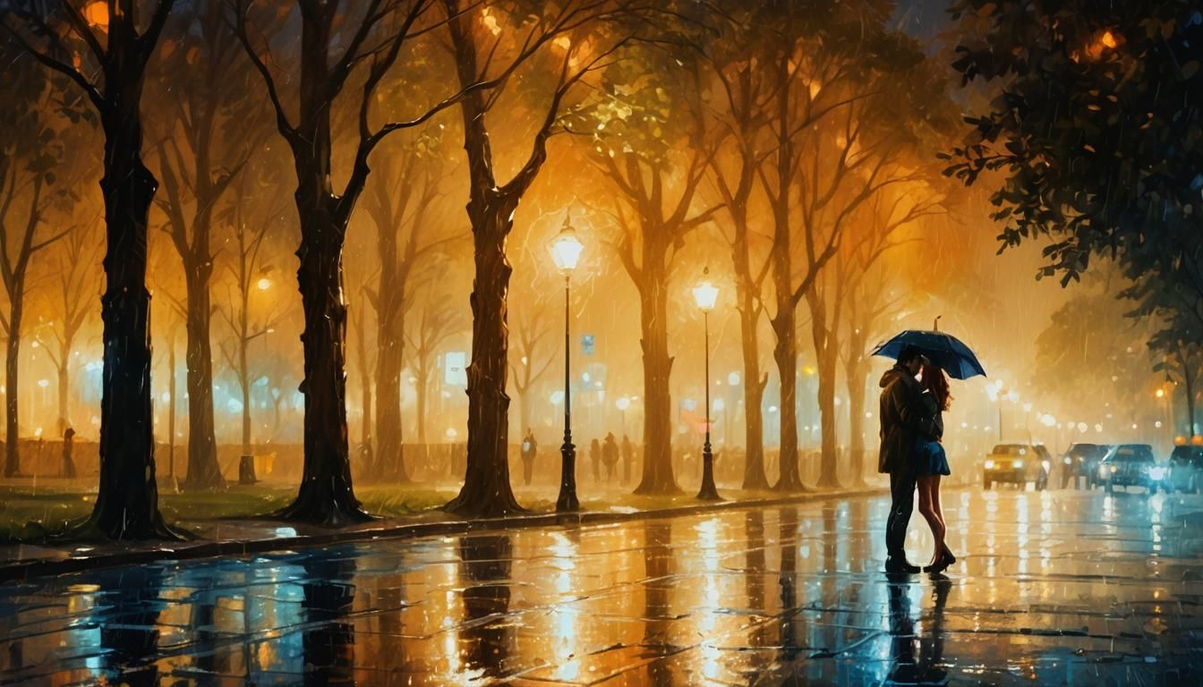 Lovers Kissing in Rain: Romantic Digital Painting