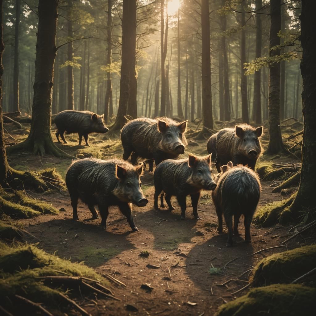 Boars in Forest: Cinematic Golden Hour