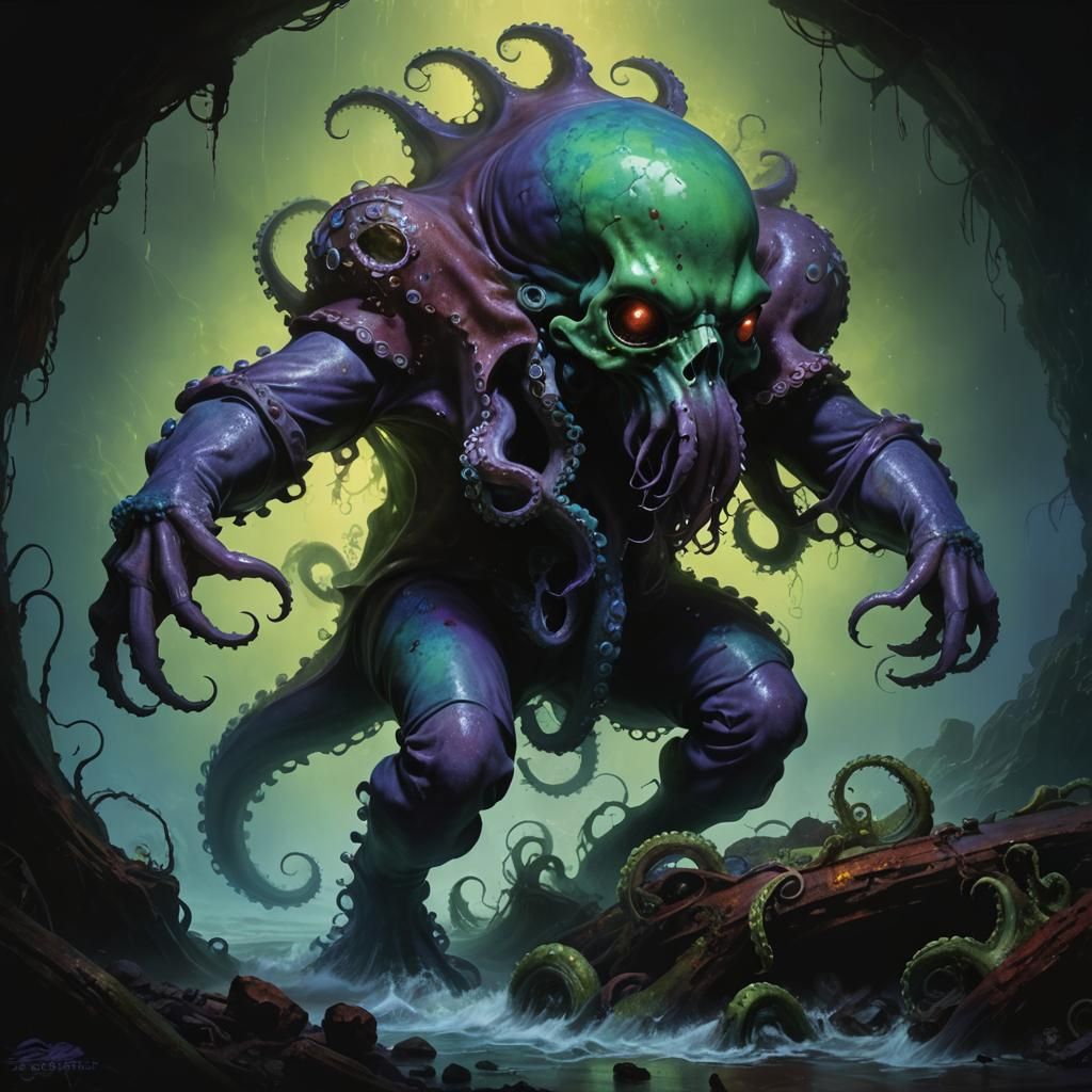 Octopus God Emerges in a Rusted Chamber