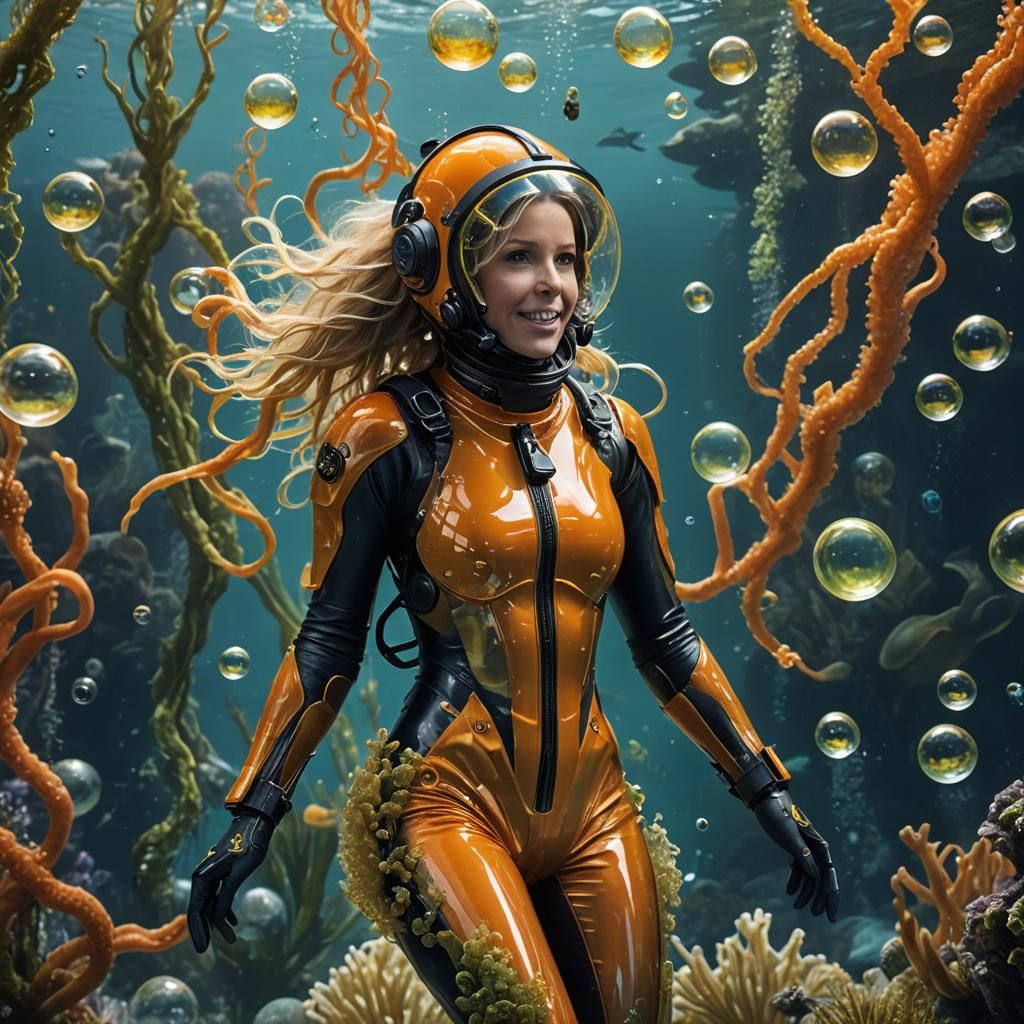 Underwater Woman in Orange Latex Catsuit, Digital Art