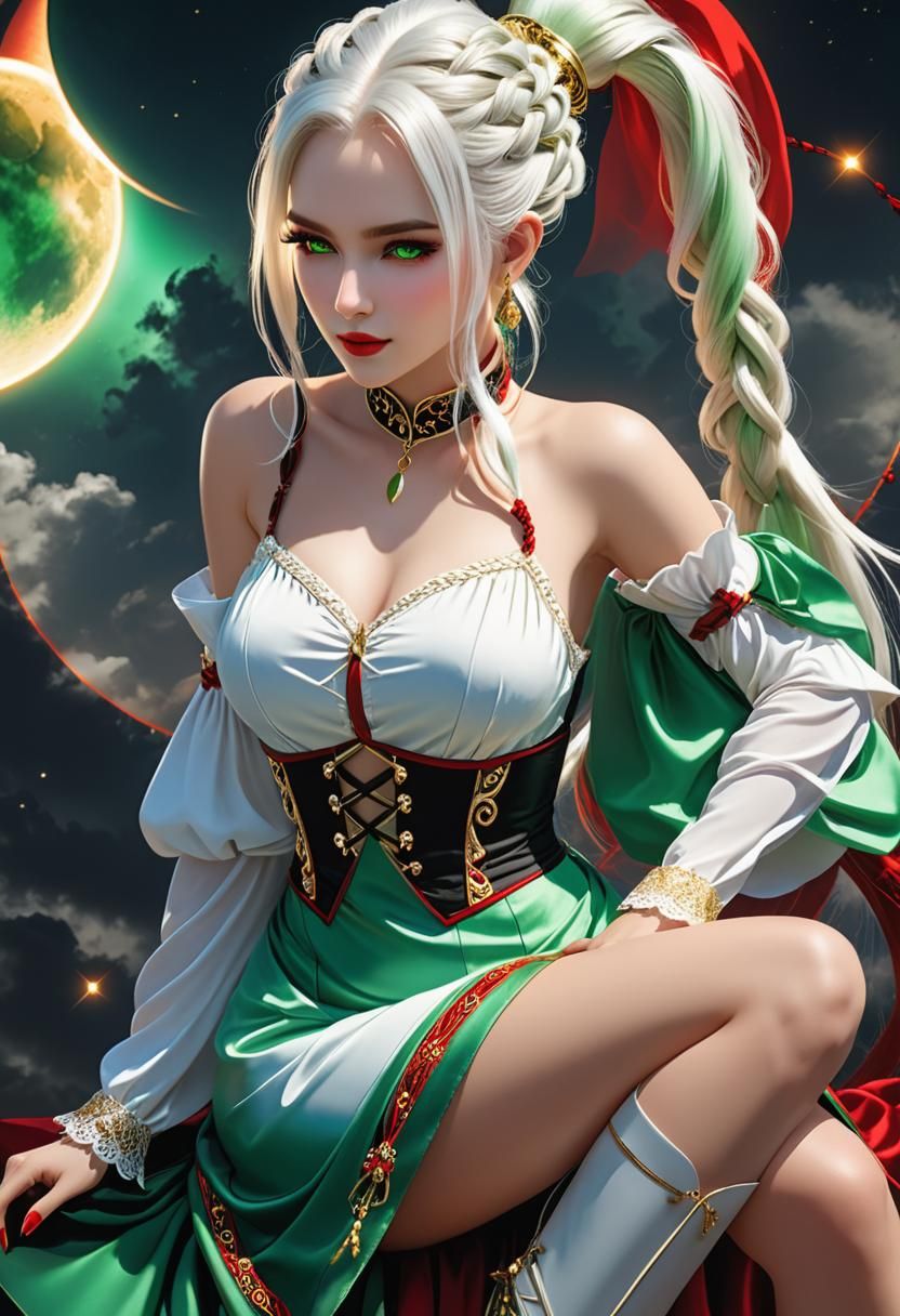 Elegant Woman in Red Dress with Green Eyes