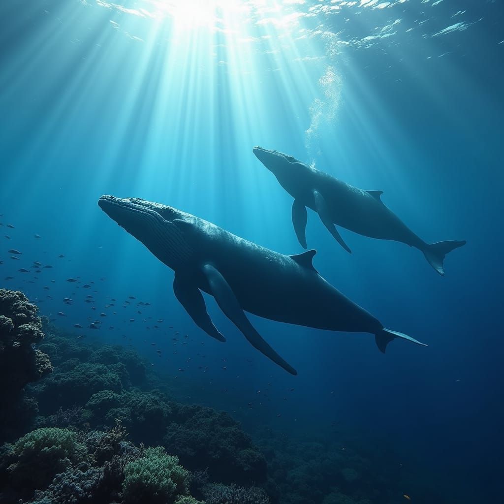 Whales in Crystal Clear Ocean Water, Illuminated by Sunlight