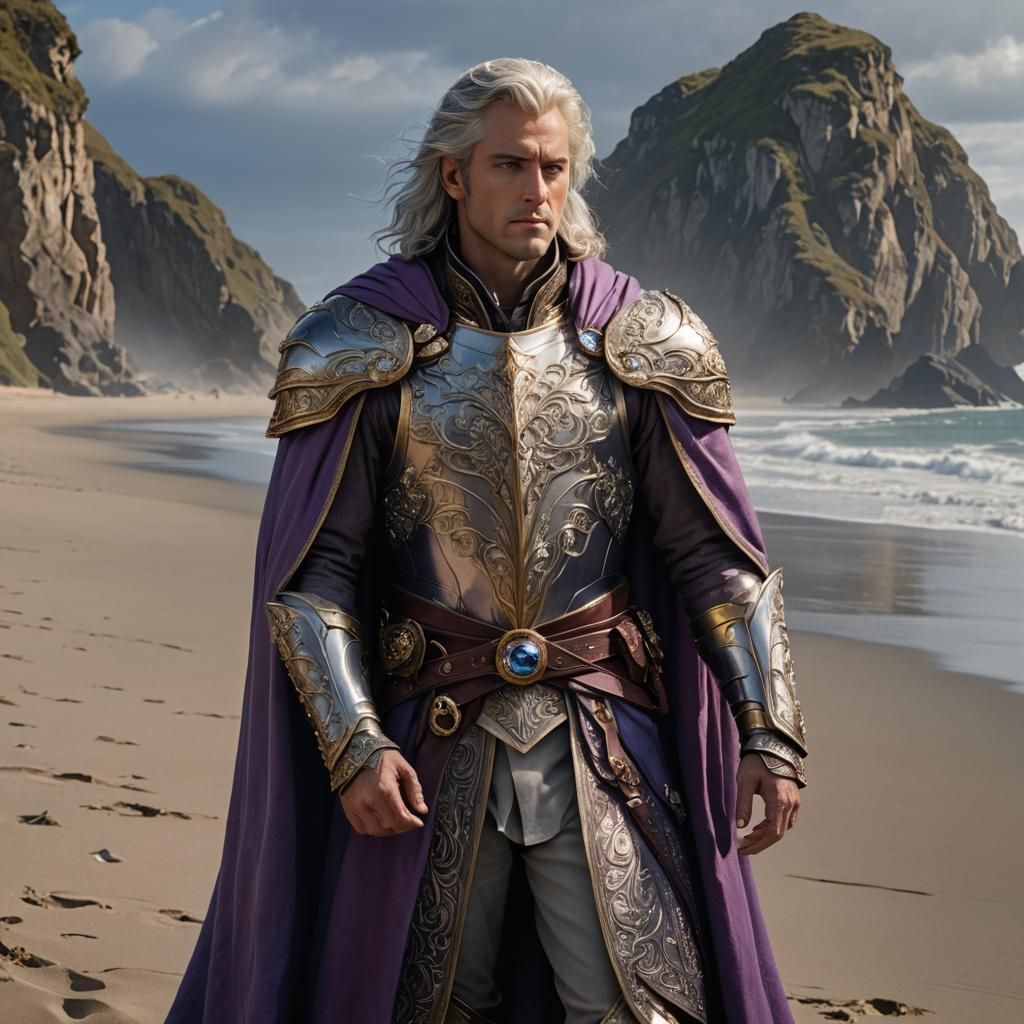 Noble in Silver Armor on a Beach