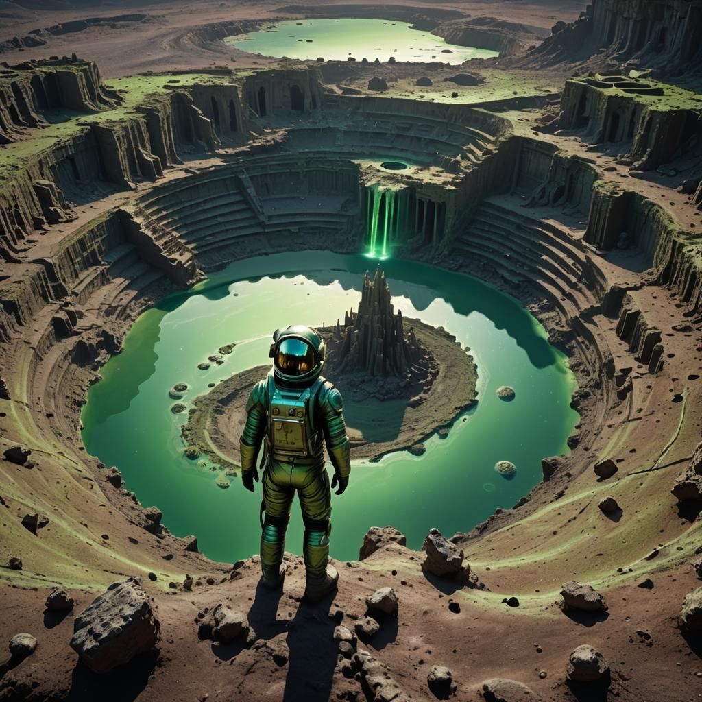 Astronaut on Crater Rim with Ancient Ruins