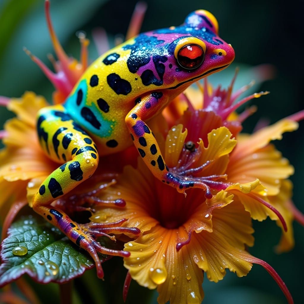Rainbow Poison Dart Frog on Tropical Flower Macro View