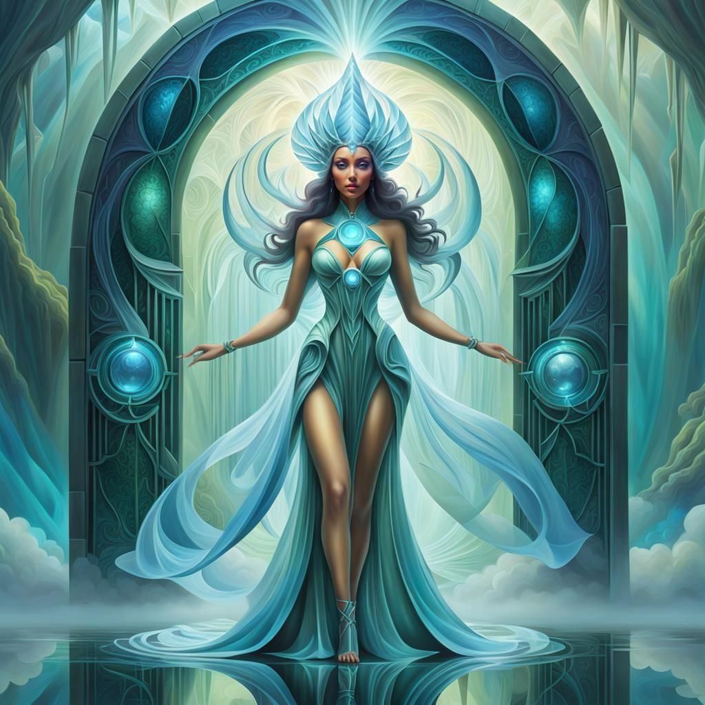 Goddess Enters Portal in Ethereal Cubist Style