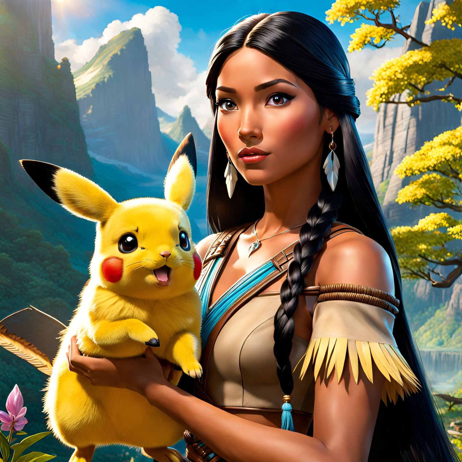 Pocahontas Holding Pikachu in Hyperrealistic Style