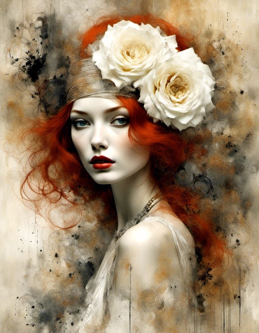 1920s Girl with Rose in Charcoal Ink Art Style