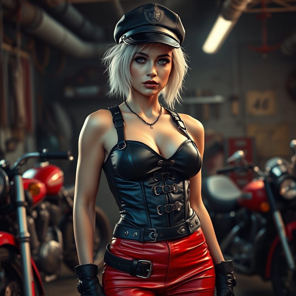 Rebellious Punk Biker Lady in Dimly Lit Garage