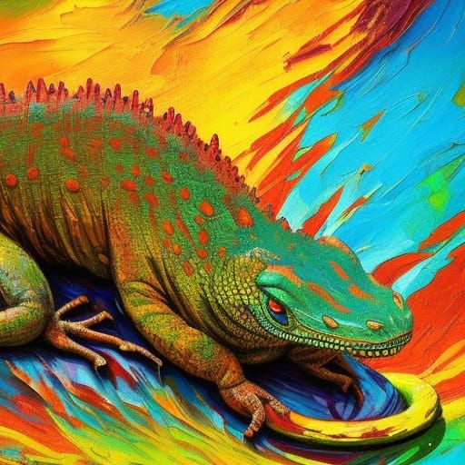 Radiant Giant Lizard in Expressionist Oil Painting