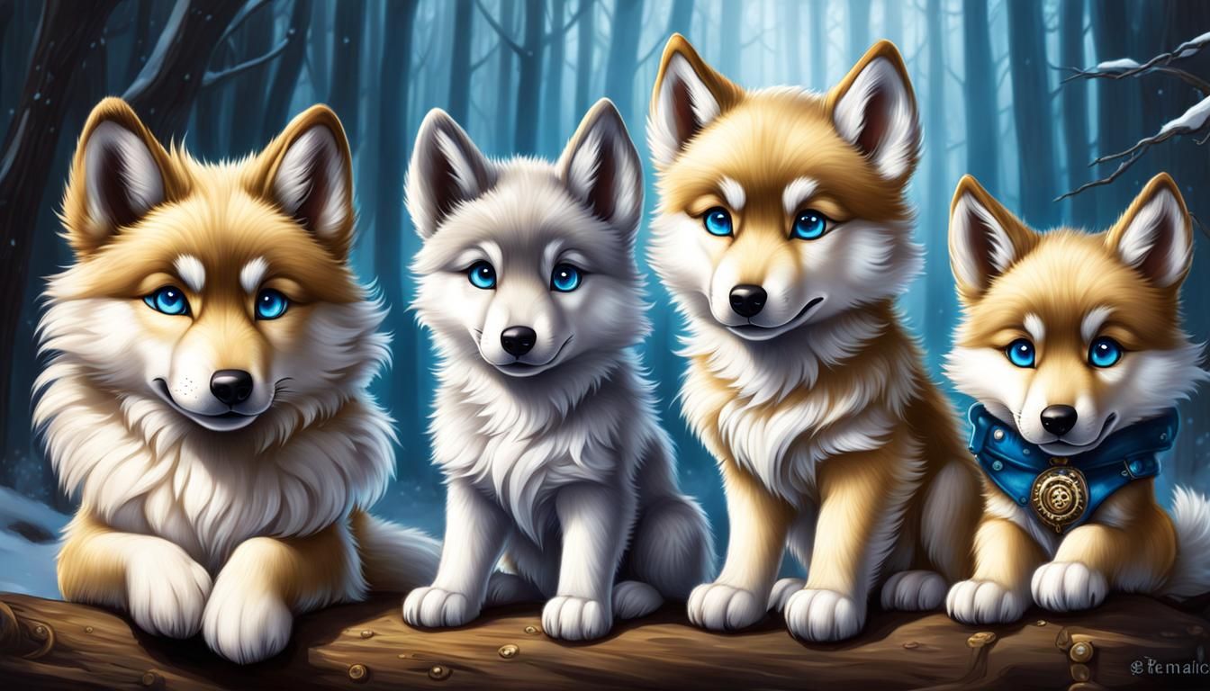Steampunk Arctic Wolf Family Portrait in Airbrush Style