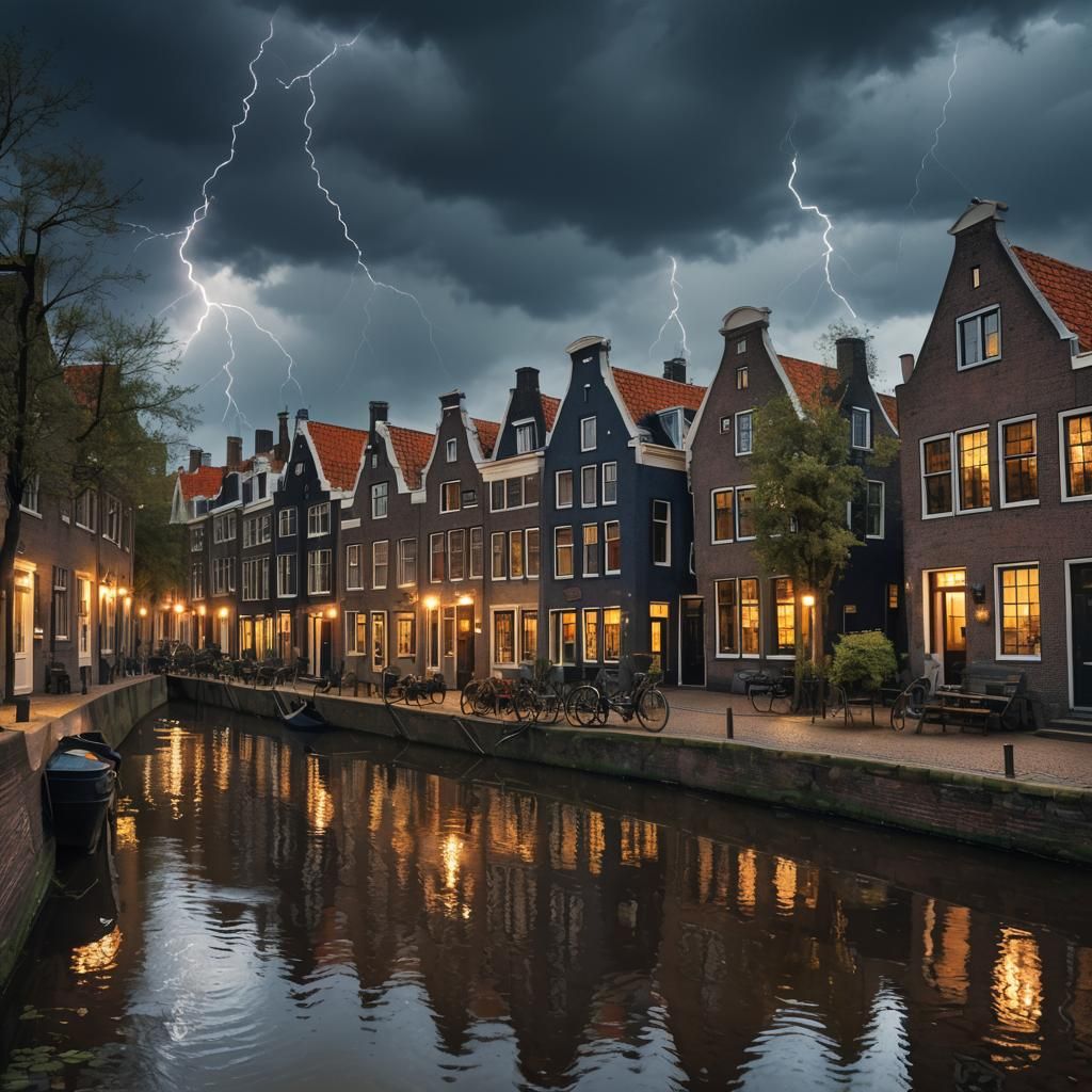 Dutch Houses at Canal in Stormy Night, Fantasy Art
