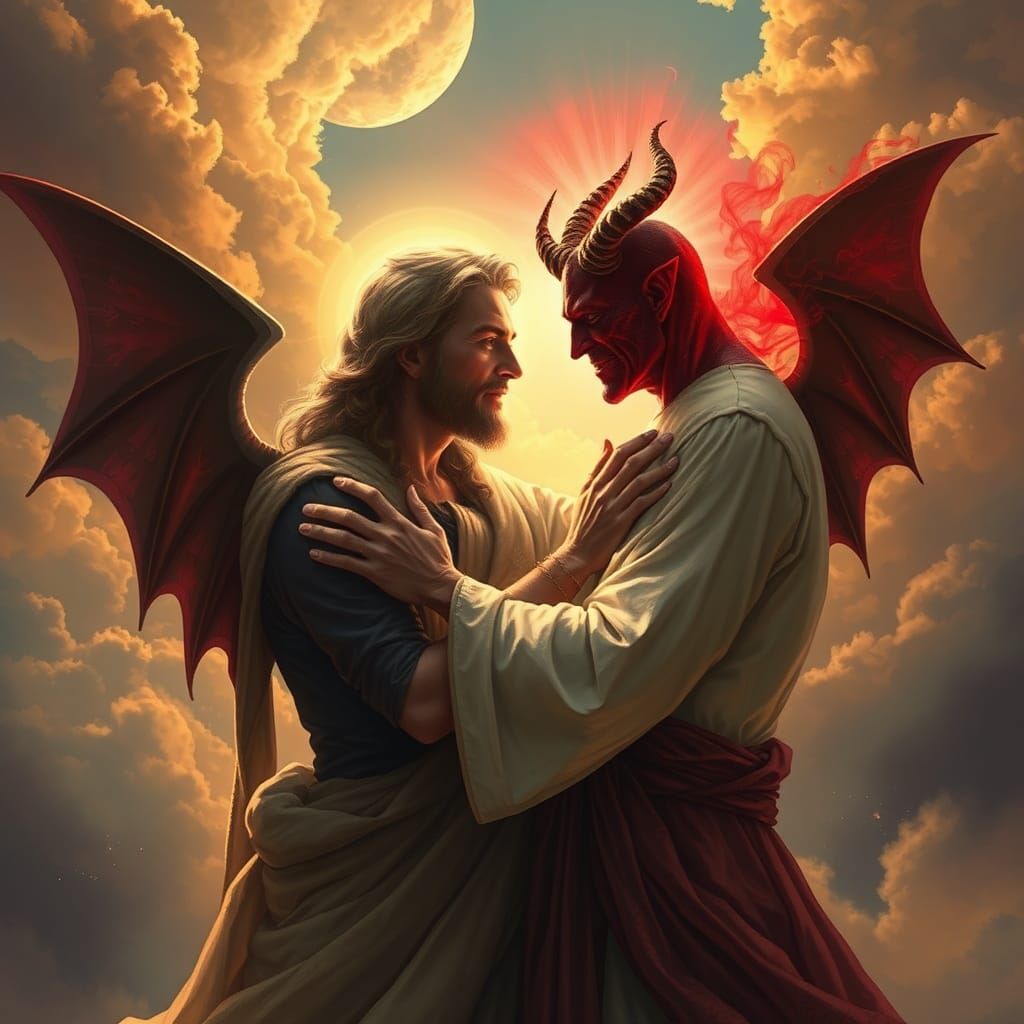 God and Devil Embrace in Peaceful Landscape