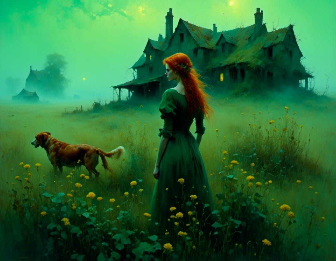 Ominous Cottagecore Girl in Misty Flower Field