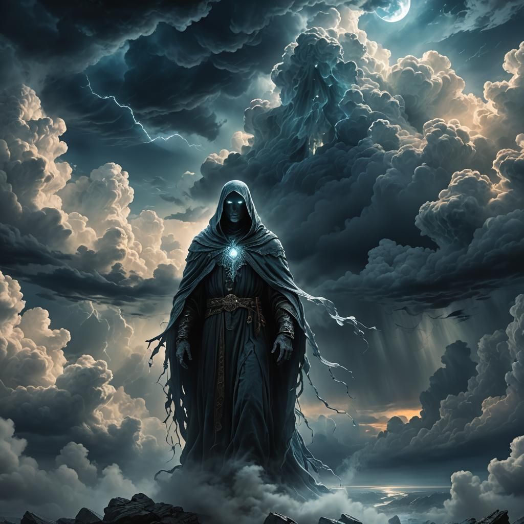 Ethereal Ghostly Figure in Dark Cloudy Sky