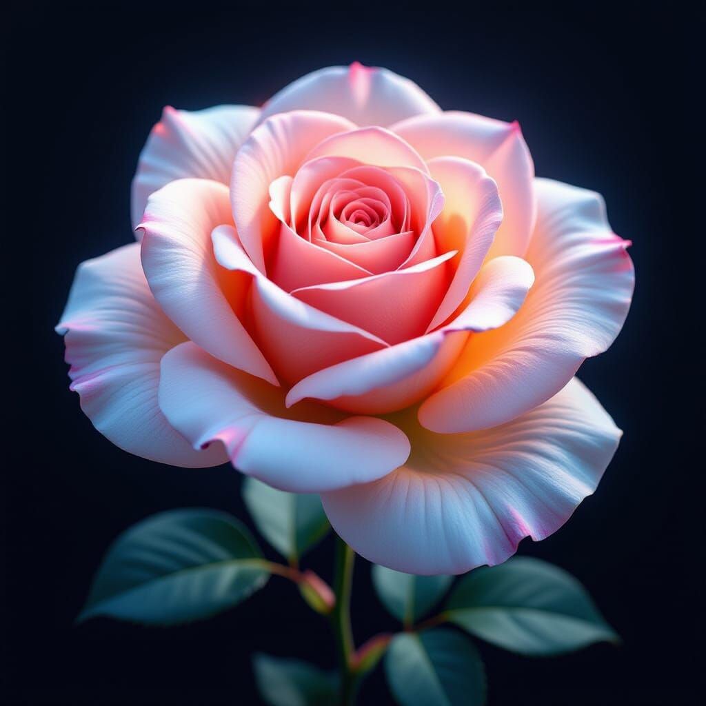 Glowing Pastel Neon Rose on Black Canvas