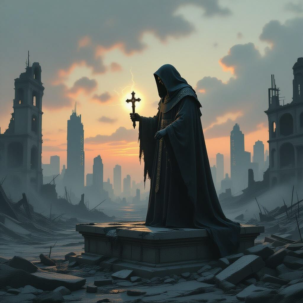 Lone Priest in Post-Apocalyptic Cityscape