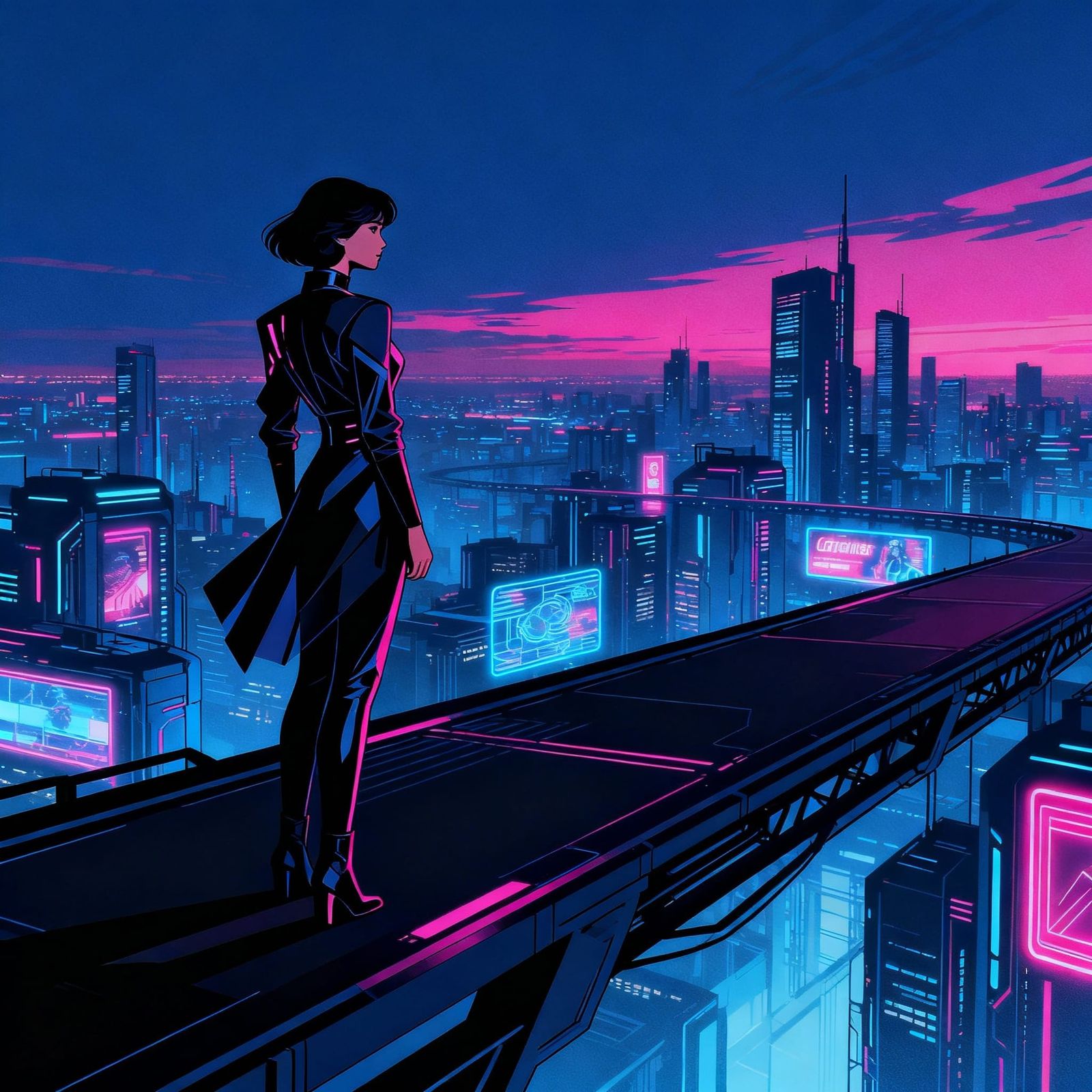 Woman on Sky-Bridge in Futuristic Cityscape at Dusk
