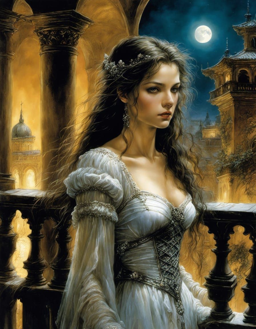 Romantic Gothic Juliet on Moonlit Balcony