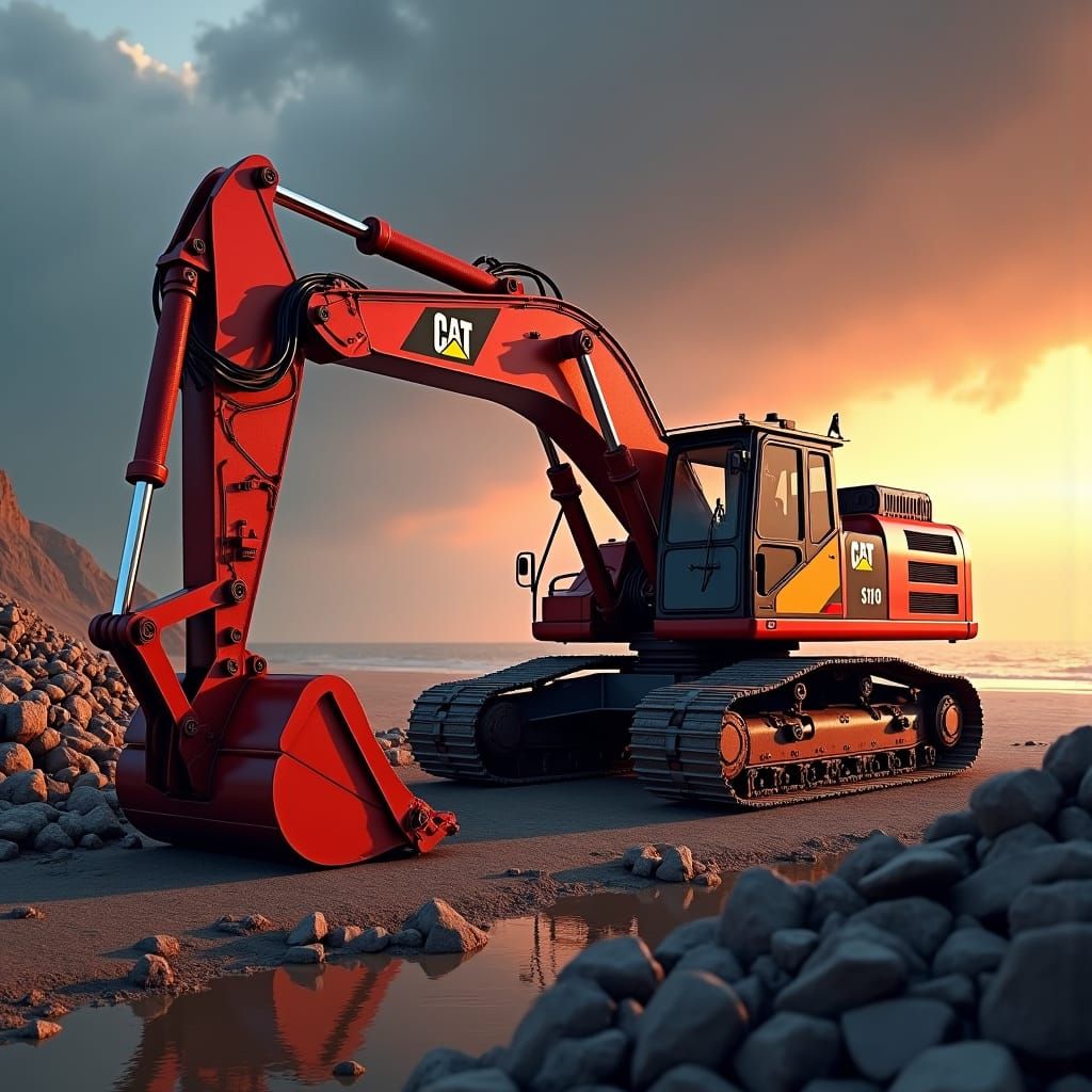 Caterpillar Excavator at Sunset: Digital Art