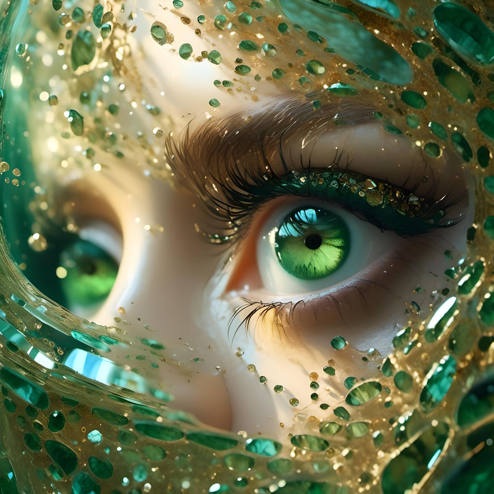 Woman with Green Eyes Reflected in Cracked Mirror