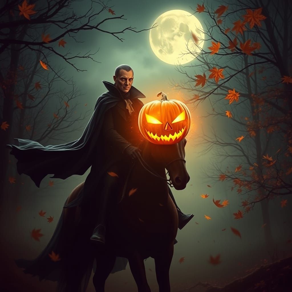 Headless Horseman Unleashes Glowing Pumpkin in Dark, Moonlit...