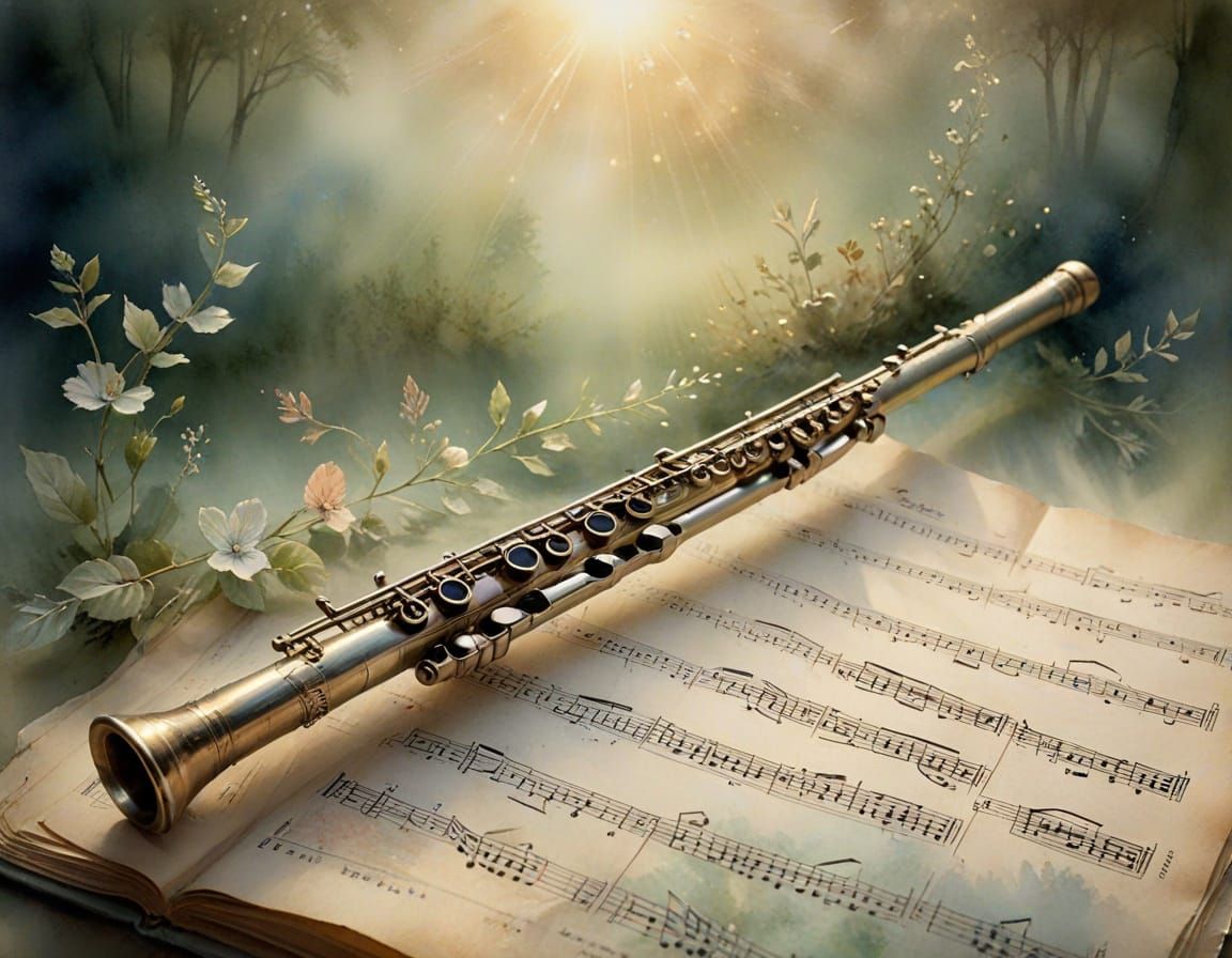 Faded Musical Sheet With Flute in Dreamlike Mist