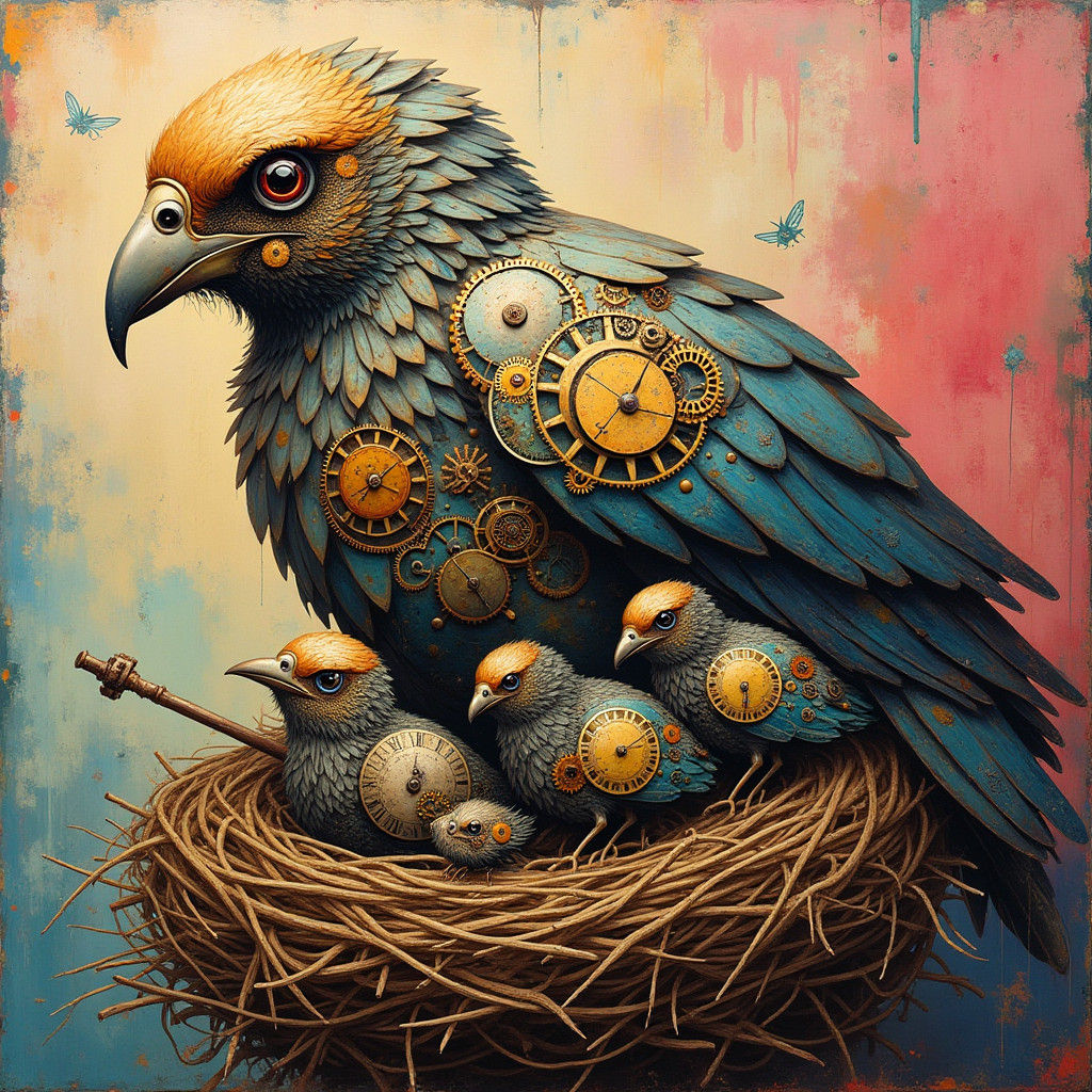 Clockwork Bird Family in Street Art Style