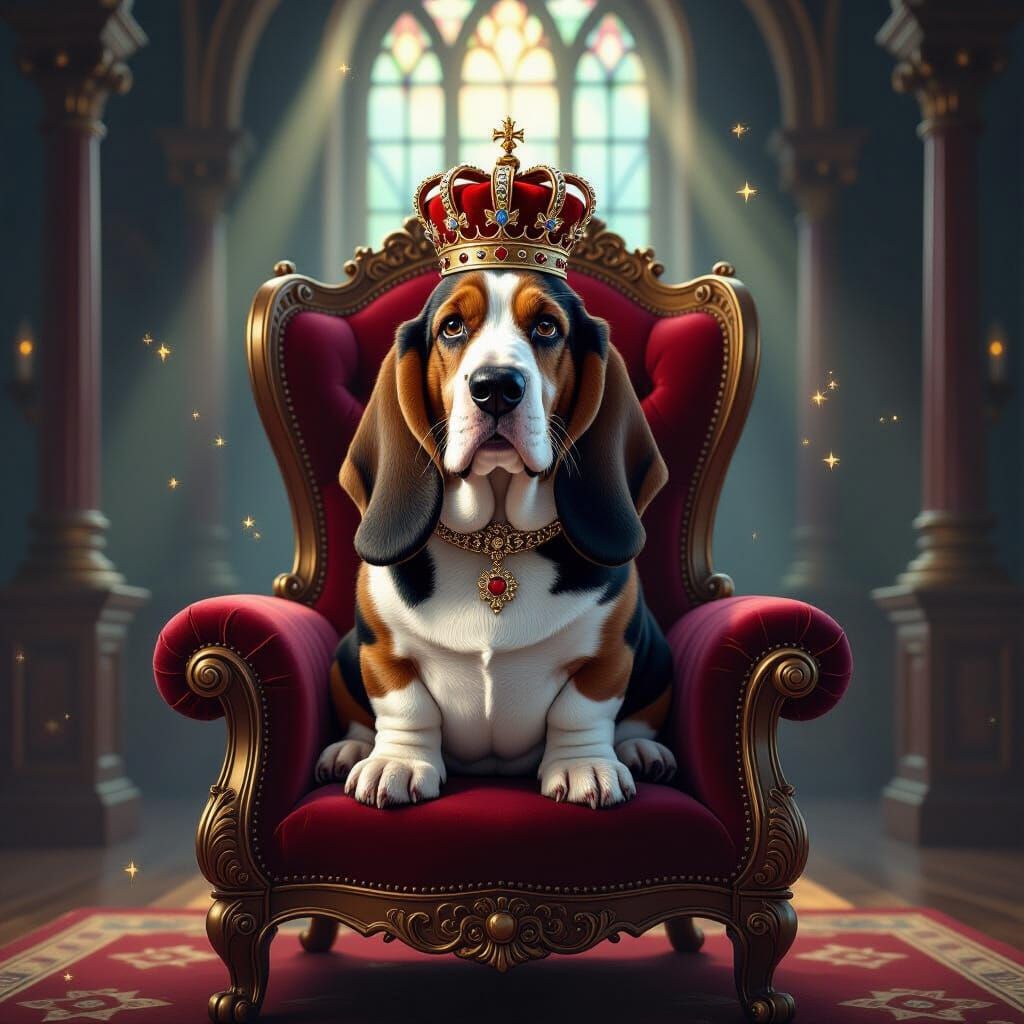 Regal Basset Hound on Throne in Moonlit Ballroom