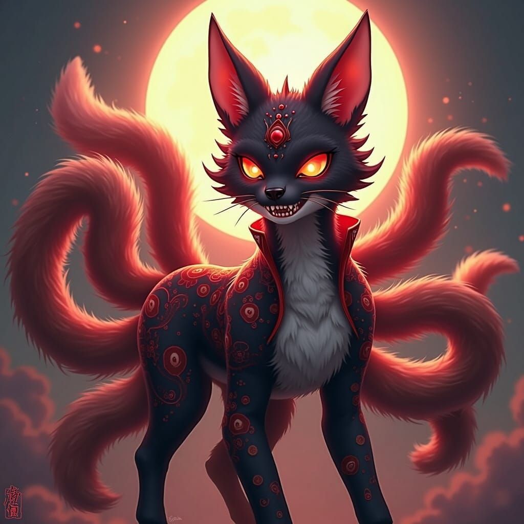 Majestic Female Kitsune in Elegant Black and Red Kimono