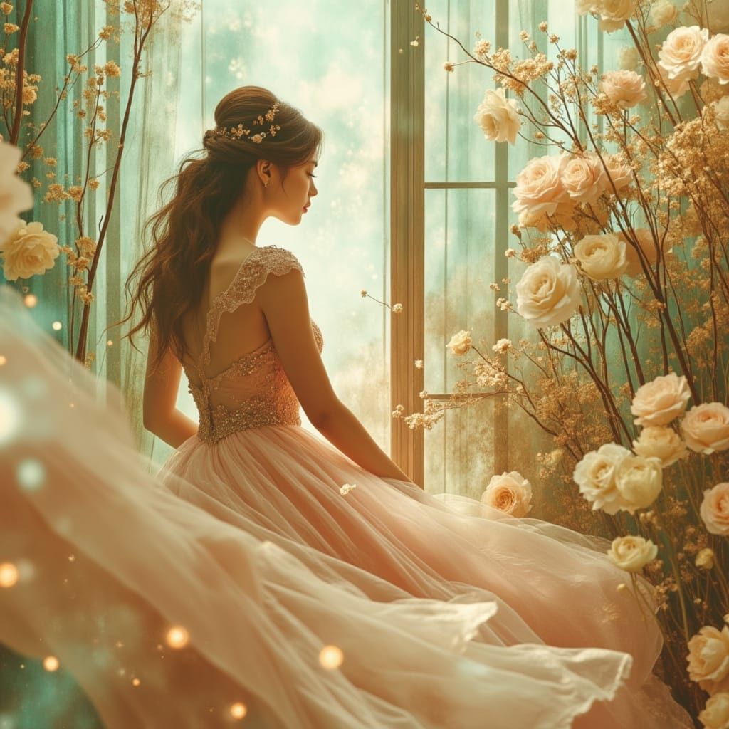 Ethereal Woman in Dreamy Garden, Romantic Art
