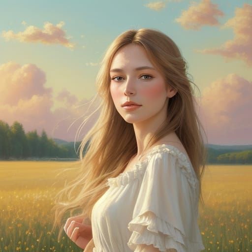 Impressionist Oil Painting of a Young Girl in a Sunlit Meado...