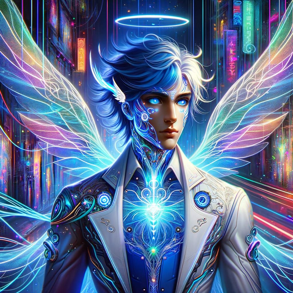 AI Angel in Cyberpunk Cityscape